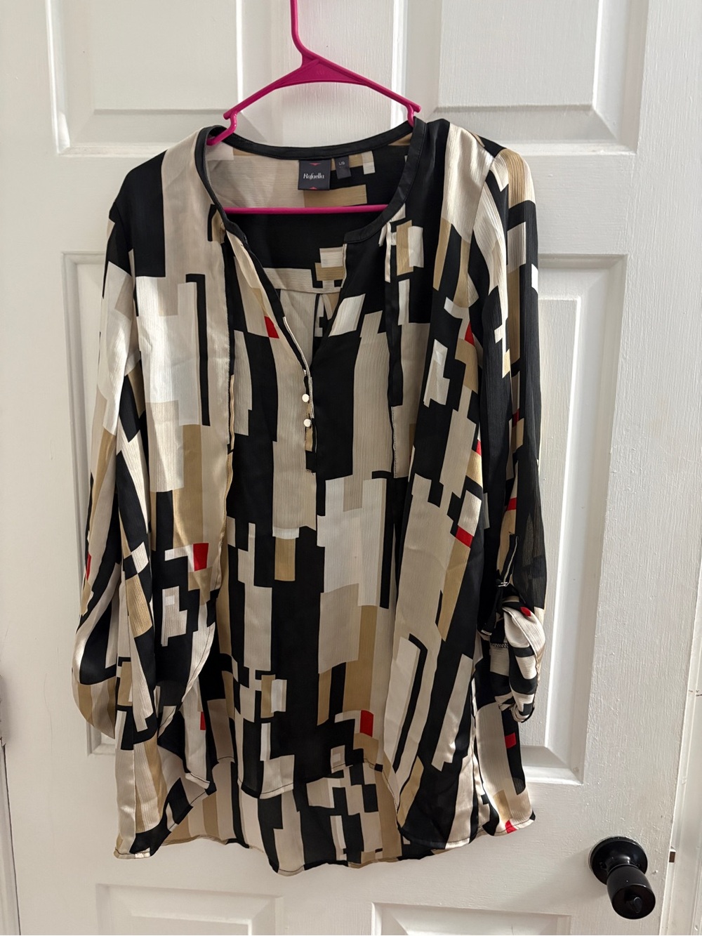 Rafaella Black, Cream & Beige Geometric Print Blouse with Red Accents